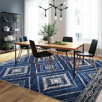 Area Rug 9x12 Rug Machine Washable Non-Slip Low Pile Print Pattern Western Rug for Living Room Bedroom Entryway Tribal Series -Blue/Gray
