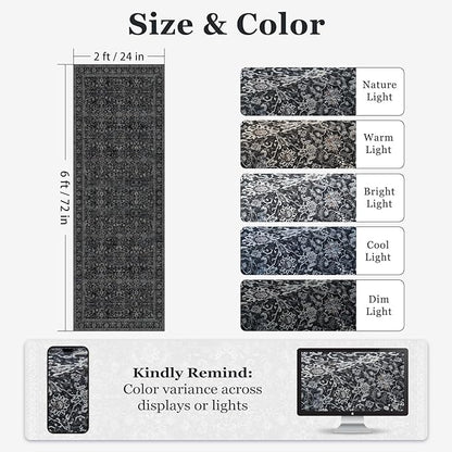 Charcoal Black 2x6 Runner Rug for Hallways Entryway, Vintage Earth Tone Kitchen Bathroom Runner 6ft, Non Slip Washable Low Pile Thin Carpet Runner for Mudroom/Laundry Room/Bedroom Bedside