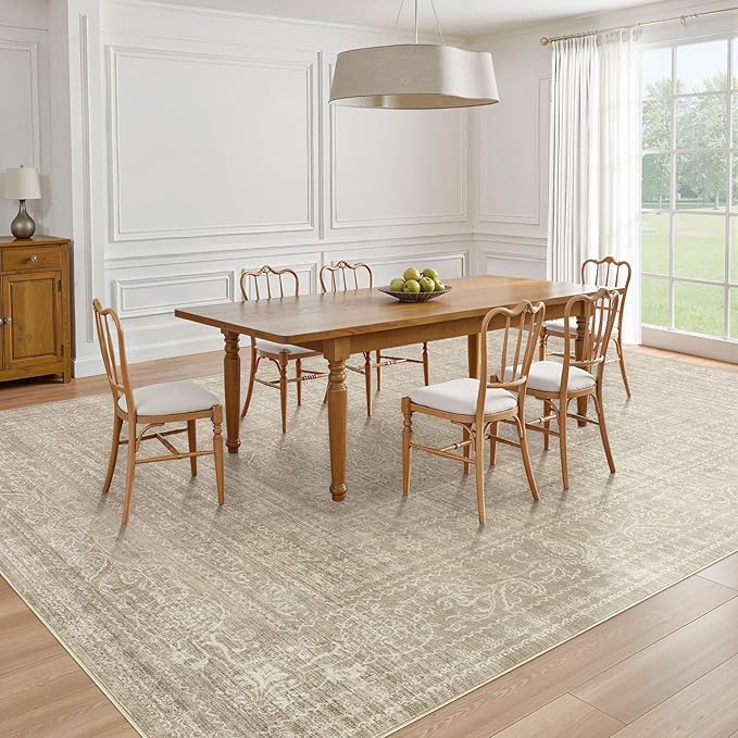 10x14 Area Rugs Living Room: Washable Large Vintage Rug Neutral Non-Slip Soft Stain Resistant Indoor Carpet for Bedroom Nursery Dining Room Under Table Bed Home House Office Playroom - Brown