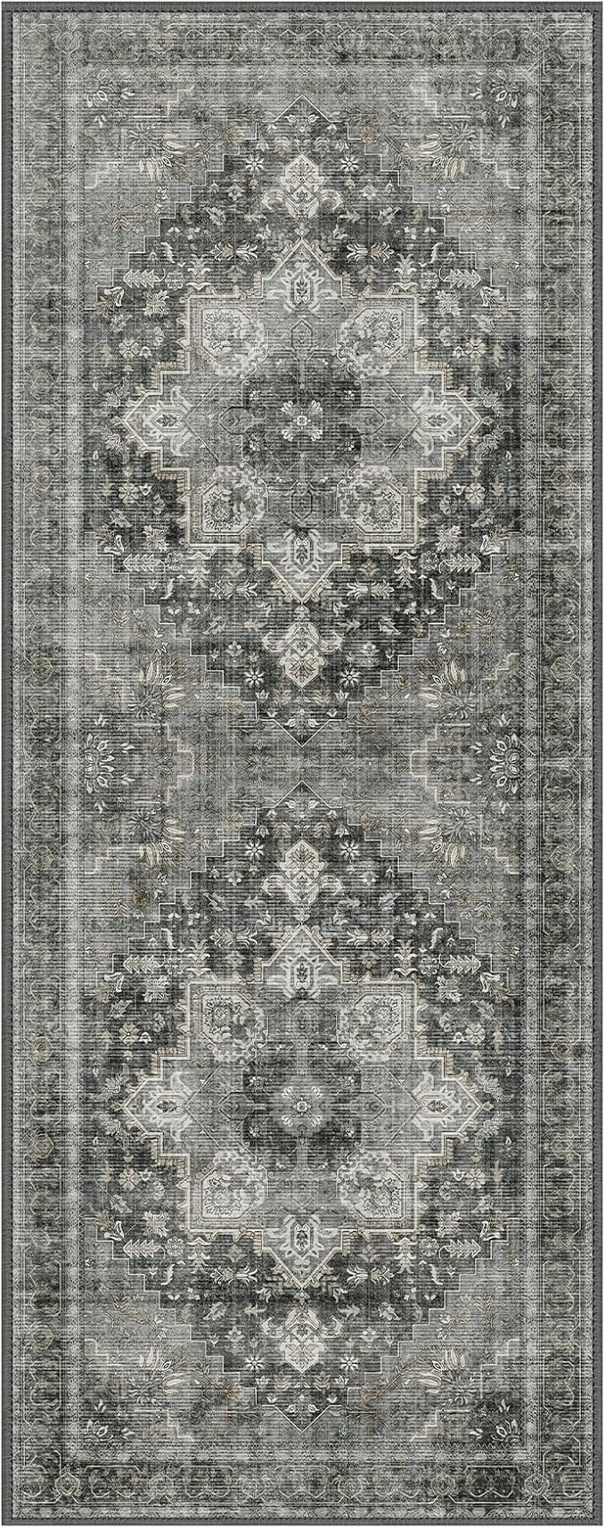 GENIMO 2'6"x8 Runner Rugs for Hallway, Machine Washable Non Slip Vintage Rugs, Low Pile Lightweight Soft Print Rug for enrtyway, Corridor, Home Office, Kitchen, Charcoal Gray