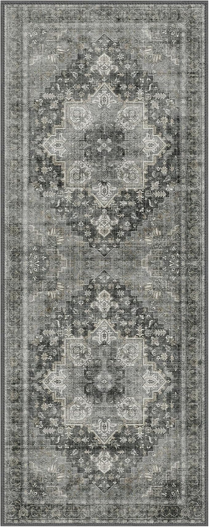 GENIMO 2x10 Runner Rugs for Hallway, Machine Washable Non Slip Vintage Rugs, Low Pile Lightweight Soft Print Rug for enrtyway, Corridor, Home Office, Kitchen, Charcoal Gray