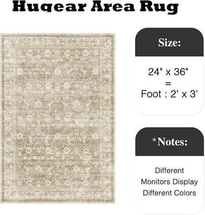 HUGEAR 2x3 Small Rug Machine Washable Area Rug Beige Entryway Rugs Entrance Door Mat Indoor Accent Rugs Floral Low Pile Carpet Distressed Throw Rug Kitchen Bedroom Office Non Slip