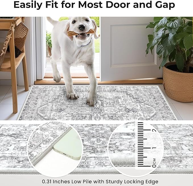 KOZYFLY Runners for Hallways 2x5 Ft Washable Kitchen Runner Rug Boho Runner Rug for Entryway Indoor Printed Oriental Faux Wool Floor Carpet Runner for Laundry Room Kitchen Hall, Gray