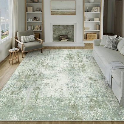 8x10 Washable Area Rug Sage Green Abstract Living Room Bedroom Carpet Neutral Modern Non-Slip Soft Low Pile Lightweight Vacuumable Large Throw Rug for Dining Room