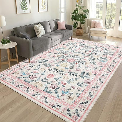 Floral Washable Rug 4x6, Non-Slip Low Pile Botanical Carpet, Vintage Farmhouse Area Rug for Bedroom Nursery Kids Room Home Decor, Pink
