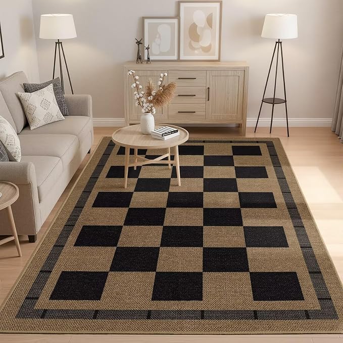 Checkered Jute 5x7 Area Rugs, Washable Outdoor Patio Rug Living Room Bedroom Indoor Carpet, Non Slip Modern Farmhouse Design Neutral Geometric Office Porch Balcony Dining Room Mat, Black and Brown