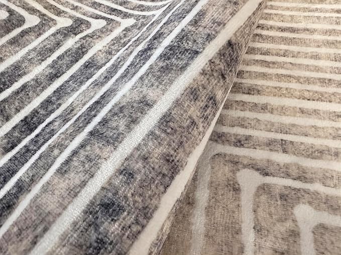 GLN Rugs Contemporary Collection - Machine Washable Area Rug, Contemporary Washable, Non Slip, Low Pile Chenille Rug, Living Room, Bedroom, Kitchen Rug (4' x 6' Lines Cream)