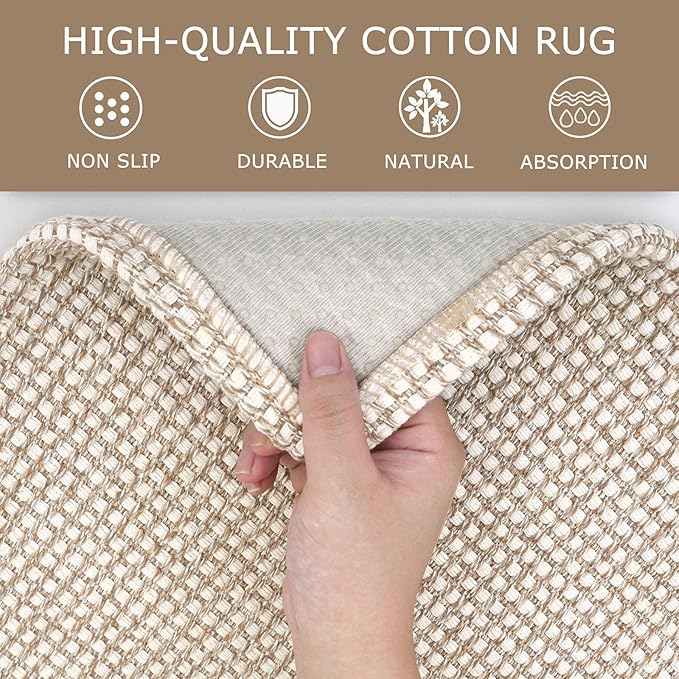 KOZYFLY Runners for Hallways 3x8 ft Washable Kitchen Runner Non Slip Rubber Backed Hall Runners Cotton Entryway Runner Rugs Floor Carpet for Indoor Backdoor Bedroom Kitchen, Ivory/Khaki
