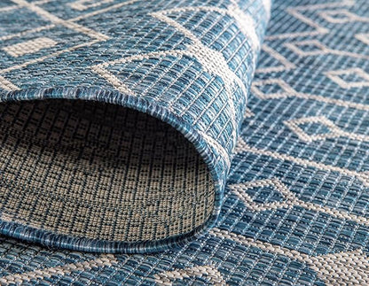 Unique Loom Outdoor Trellis Collection Area Rug - Tribal Trellis (2' x 10' Runner, Blue/ Ivory)