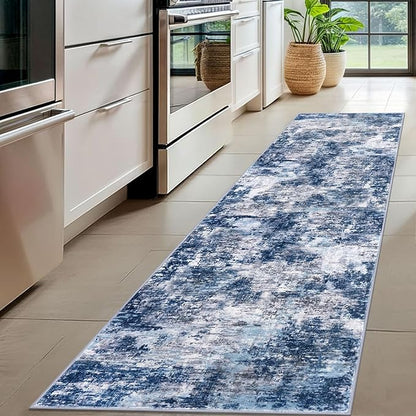 Modern Abstract Hallway Runner Rug, Grey Navy Blue Multi 2x8 Runner Rug, Washable Kitchen Runner Non-Slip Soft Thin Print Faux Wool Carpet for Entryway Bedroom Laundry Room Indoor