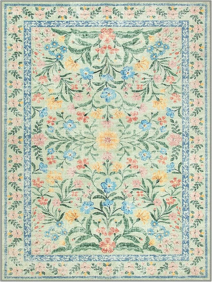 Lahome Boho Light Green Large Area Rugs for Bedroom 9x12, Floral Washable Rugs Living Room, Soft Non-Slip Thin Rug for Nursery Kids Playroom Tween Girls Home, Tea Green