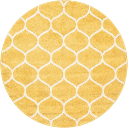 Rugs.com Lattice Frieze Collection Rug – 5' Round Yellow Medium Rug Perfect for Kitchens, Dining Rooms