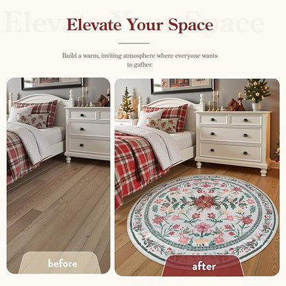 Lahome Christmas Round Rug 5ft, Washable Botanical Christmas Dining Room Decor for Under Table, Whimsical Holly Berries Circle Mats for End of Bed Coffee Table