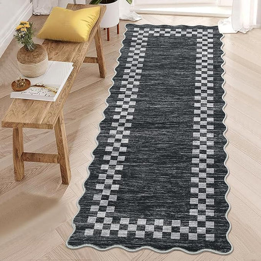 GarveeHome Hallway Runner Rug 2x6 Non Slip Scalloped Washable Rug for Kitchen Entry Stain Resistant Modern Border Throw Floor Carpet Long Runner Mat for Bathroom Living Room Bedside, Grey