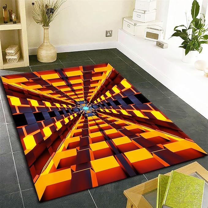 3D Abstract Grid Area Rug, 5x7ft, Visual Illusion Realistic Cave Indoor Carpets, Orange Three Dimensional Pattern Floor Mat, Easy Clean Breathable Washable Rugs for Indoor Family