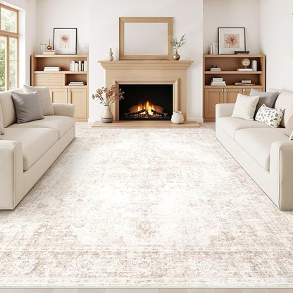 Vintage Living Room Area Rug - 9x12 Large Machine Washable Boho Moroccan Rug Distressed Farmhouse Rugs for Bedroom - Soft Non-Slip Indoor Carpet for Dining Room Office Nursery(Retro Beige, 9'x12')