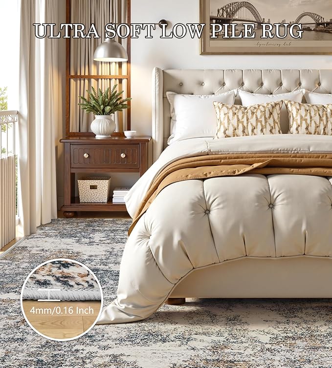 7x9 Washable Area Rugs - Modern Abstract Rugs for Living Room Non-Slip Low Pile Soft Machine Washable Carpet for Bedroom, Dining Room, Nursery, Home Office, Farmhouse (7'x9' Tan Blue)