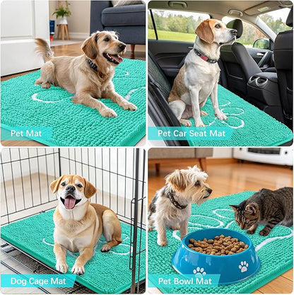 OLANLY Dog Door Mat for Muddy Paws 24x16, Paw Print Design, Absorbs Moisture and Dirt, Absorbent Non-Slip Washable Doormat, Quick Dry Chenille Mud Mat for Dogs, Entry Indoor Entryway Carpet, Teal