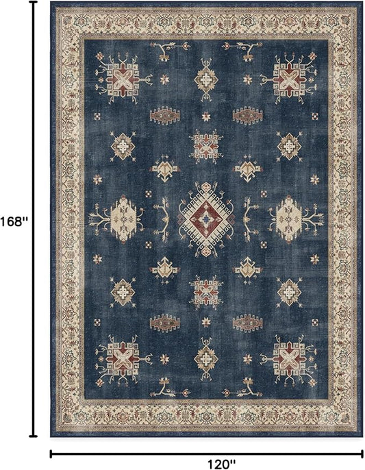 RUGGABLE Washable Vintage Area Rug – Verena Sapphire 10x14, Stain-Resistant, Non-Slip – Large Machine Washable Rugs for Living Room, Bedroom, Hallway, Entryway & Office–with Cushioned Pad