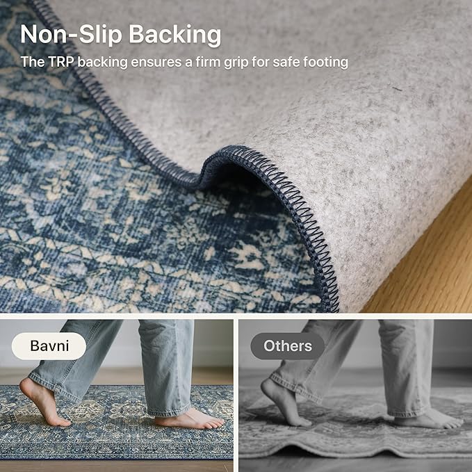 Bavni Washable Runner Rug 2’6”x10’, Non Slip Long Hallway Runner, Vintage Aesthetic Ultra Thin Low Pile Washable Carpet for Kitchen Bedroom, Blue