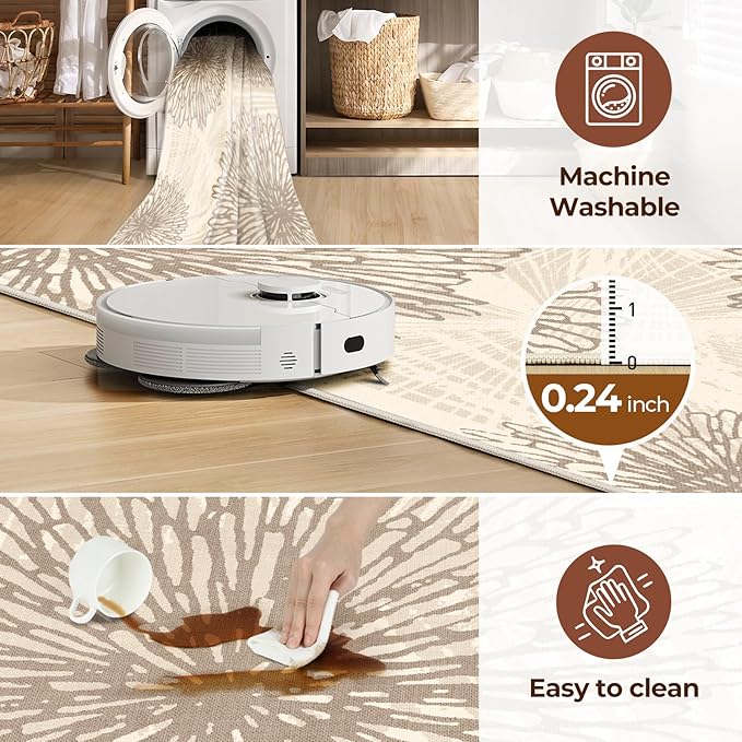 WITSHOCK 5x7 Area Rugs for Living Room: Beige Floral Washable Rugs for Bedroom Dining Room Office Nursery Modern Non-Slip Stain Resistant Low Pile Home Decor（Beige/Brown,5'x7'）