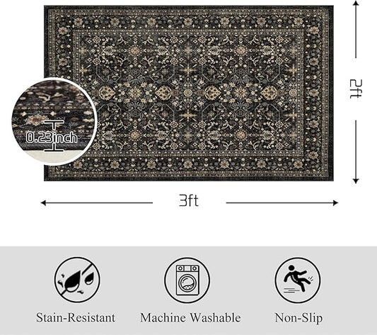 Area Rug Non Slip Machine Washable Ultra Soft Living Room/Bedroom/Kitchen/Outdoor/Classroom Black Grey, 2'×3'