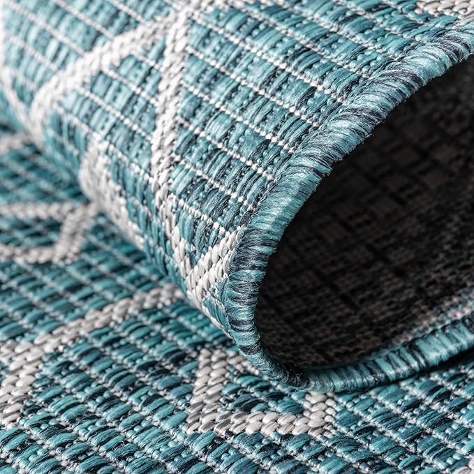 Unique Loom Outdoor Trellis Collection Area Rug - Tribal Trellis (7' 10" Square, Teal/ Ivory)
