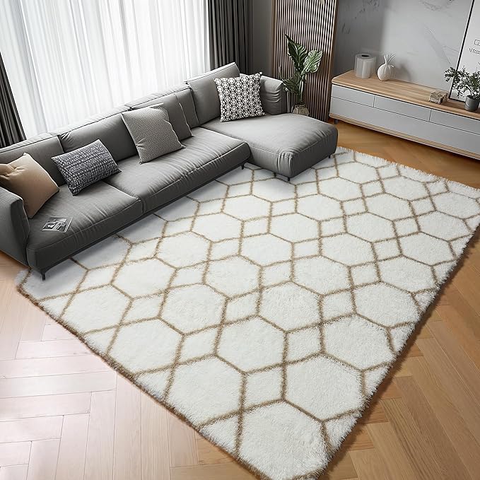 ONASAR 5x7 Area Rugs for Living Room Bedroom, Washable Fluffy White and Beige Faux Fur Bedside Rug, Geometric Boho Soft Plush Shaggy Floor Carpet Mat for Nursery Kids Girls Teen Dorm Home Decor