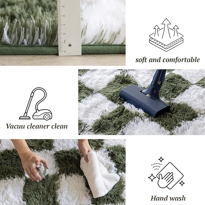 5x7 Area Rugs for Living Room Bedroom, Soft Fluffy Shaggy Bedside Rug, Indoor Floor Carpet for Kids Playroom, Dorms, Nursery Rooms, Home Decor (Olive Green & White 5'x7')