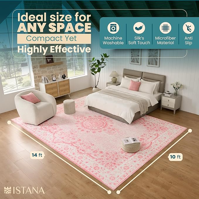 Istana Living Room Rug 10x14 - Pink 10 x 14 Area Rug - Foldable Machine Washable Area Rugs 10x14 - Stylish 10x14 Area Rugs Boho - Stain Resistant Washable Rug 10x14