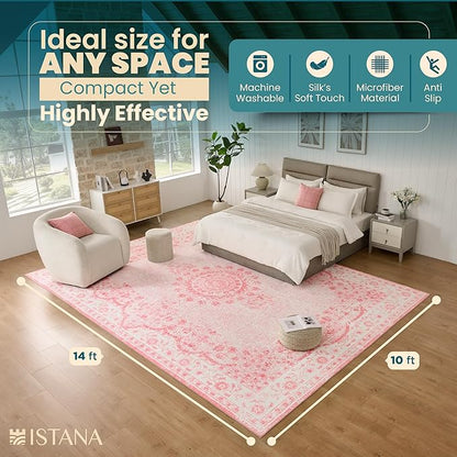 Istana Living Room Rug 10x14 - Pink 10 x 14 Area Rug - Foldable Machine Washable Area Rugs 10x14 - Stylish 10x14 Area Rugs Boho - Stain Resistant Washable Rug 10x14
