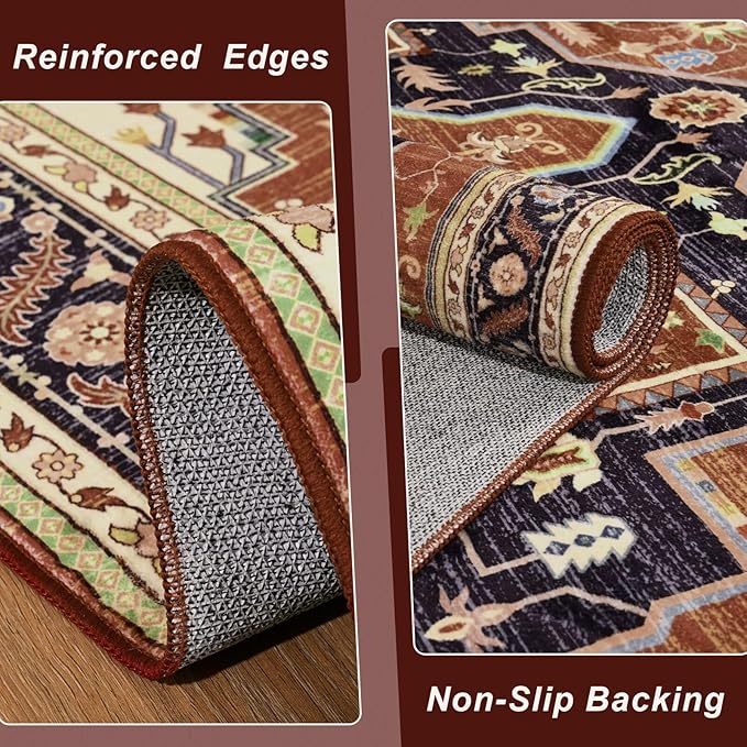 4x6 Orange Red Area Rug for Living Room, Machine Washable Rugs with Non-Slip Backing for Bedroom, Vintage Medallion Carpet Kitchen Laundry Kids Room Decor
