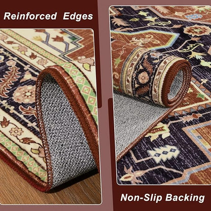 4x6 Orange Red Area Rug for Living Room, Machine Washable Rugs with Non-Slip Backing for Bedroom, Vintage Medallion Carpet Kitchen Laundry Kids Room Decor