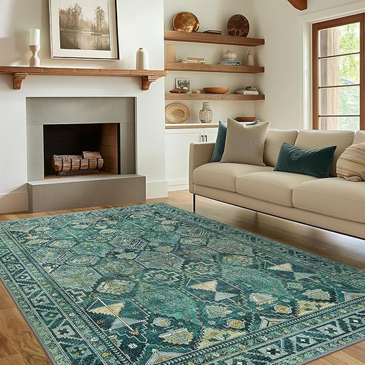Bavni Washable Rug 8x10 Area Rug for Living Room Bedroom Dining, Washable Vintage Print Carpet, Ultra-Thin Chenille Low Pile Lightweight Rug with Non Slip Backing, Dark Green