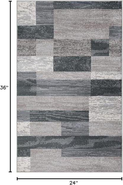 Superior Indoor Area Rug, Jute Backed, Modern Geometric Patchwork Floor Decor for Bedroom, Office, Living Room, Entryway, Hardwood Floors, Rockwood Collection, 2' x 3', Blue-Taupe