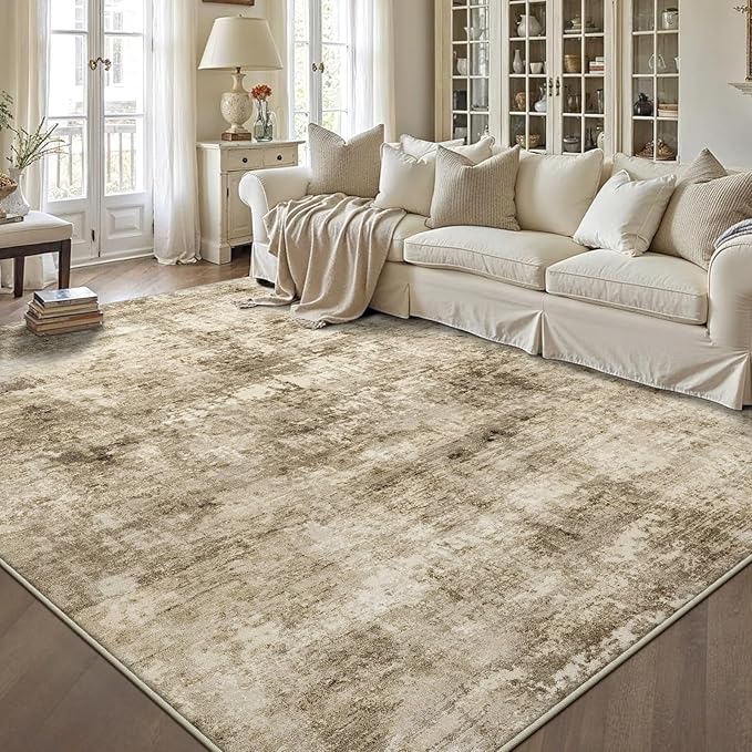 6x9 Machine Washable Area Rug for Living Room, Brown Modern Vintage Abstract Rug Large Non-Slip Low Pile Soft Faux Wool Carpet, Kids and Pets Friendly for Bedroom Dining Room Farmhouse Home Decor Rug