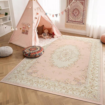 Nursery Rug for Baby Girl, Cute Pink 4x6 Area Rugs for Bedroom Non Slip, Floral Washable Soft Faux Wool Carpet for Living Room Dorm Kids Playroom Office Kids Playroom
