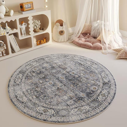 Rugcomf Round Rug 4ft Washable Circle Rug Non Slip Low Pile Boho Small Circular Rug for Bedroom, Bathroom, Entryway, Kids Room, Office, College Dorm(Grey)