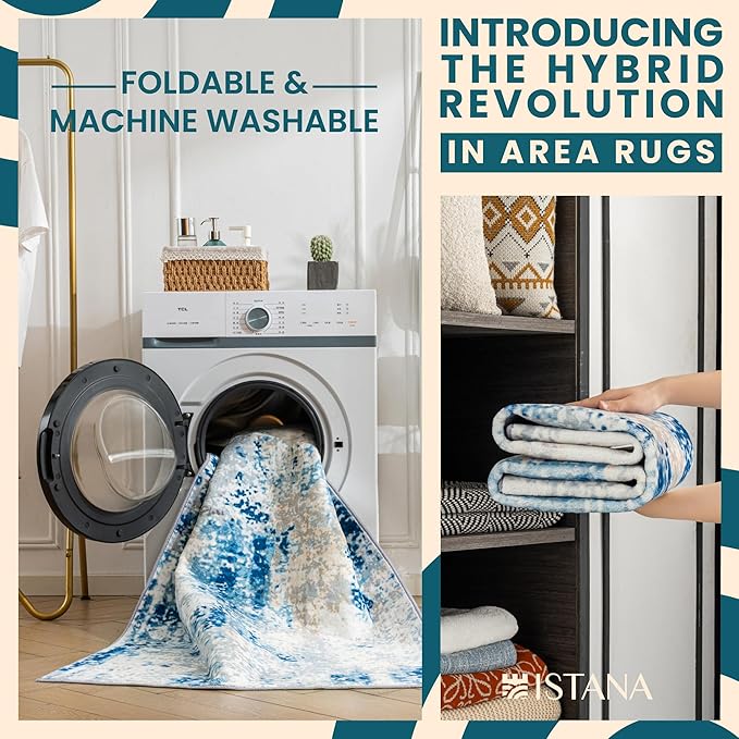 Istana 8x10 Area Rug - Blue/Ivory 8x10 Rugs for Living Room - Foldable Rugs for Bedroom - Stain Resistant Washable Rug - Eco-Friendly Area Rugs - Easy to Clean Living Room Rug