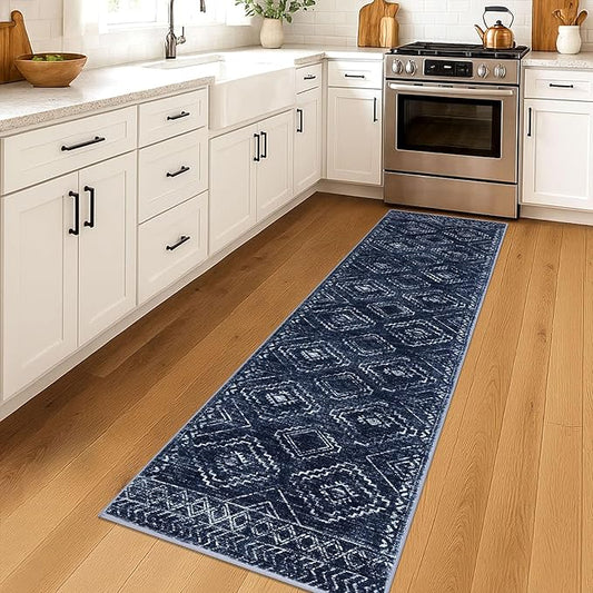 KILOCOCO Hallway Runner Rug 2x7 Runners for Hallways Washable Runner Rug Non Slip Rubber Backed Low-Pile Runners for Bedroom Kitchen Living Room Laundry Room Boho Rugs, Dark Blue