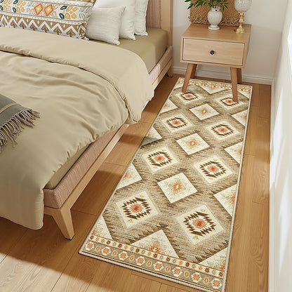 Area Rug 2x6 Rug Machine Washable Non-Slip Low Pile Print Pattern Western Rug for Living Room Bedroom Entryway Tribal Series -Cream/Camel