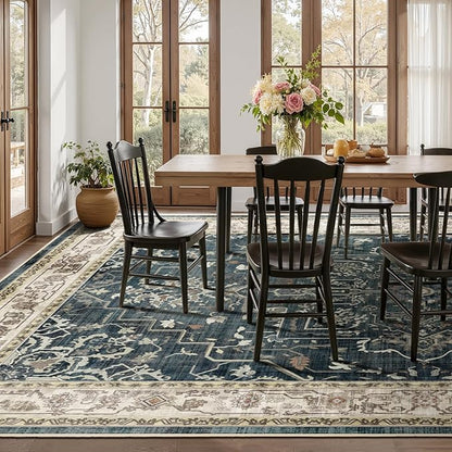 Dark Large 10x14 Area Rugs, Washable Non Slip Big Rug for Living Room Bedroom, Distressed Medallion Vintage Big Carpet Rugs for Dinig Room Family Rooms, Low Pile Thin, Midnight/Multi