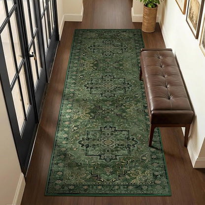 Retro Green 3x8 Rug Runners for Entryway Non Slip, Distressed Medallion Carpet Runners for Hallway 8ft, Low Pile Thin Runner Rug Non Slip Washable for Kitchen/Foyer/Mudroom/Bedroom