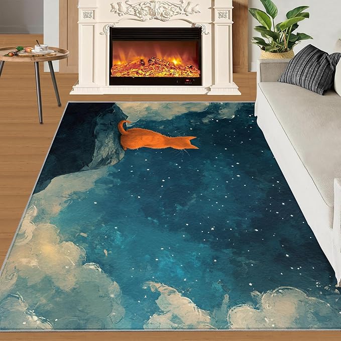 Orange Cat Rugs for Bedroom - 6x8 Area Rug - Cartoon Starry Sky Rugs for Living Room, 3D Cute Cat Rug, Non-Slip Washable Home Decor Carpet