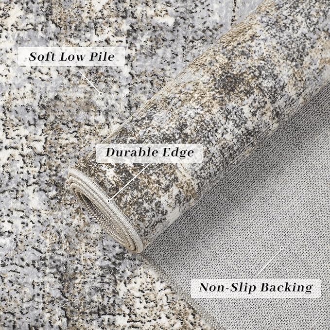 Machine Washable Area Rug 6x9 Grey Large Living Room Indoor Accent Rug Neutral Modern Abstract Low Pile Carpet Non Slip Distressed Throw Rug Bedroom Office Dining Room