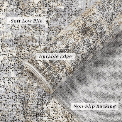 Machine Washable Area Rug 6x9 Grey Large Living Room Indoor Accent Rug Neutral Modern Abstract Low Pile Carpet Non Slip Distressed Throw Rug Bedroom Office Dining Room