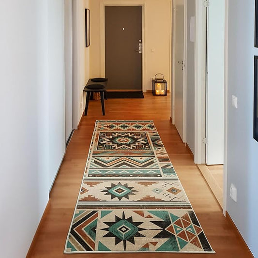 Ambesonne Southwestern Decorative Rug, Ethnic Inspired Starry Zigzag and Rhombus Shapes Grunge Artwork, Quality Carpet Bedroom Dorm and Living Room, 2' 5" x 7' 5", Cinnamon Seafoam Beige