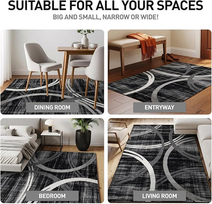 Rugshop Modern Wavy Circles Design Area Rug, Carpet with Jute Backing for Living Room, Bedroom, or Home Office, Black, 5'3" x 7'3"