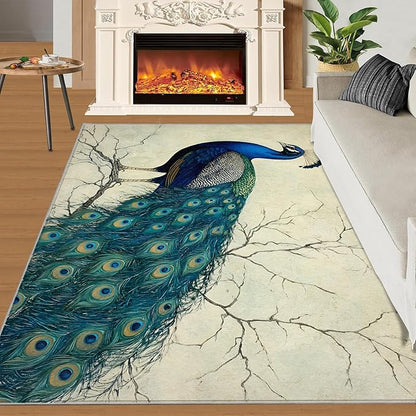 Peacock Area Rug 4x5-4x5 Rug, Peafowl Rugs for Living Room, Teal Turquoise Carpet, Modern Style Washable Area Rugs for Bedroom, Peacock Feather Carpet - Peafowl Home Decor & Gifts