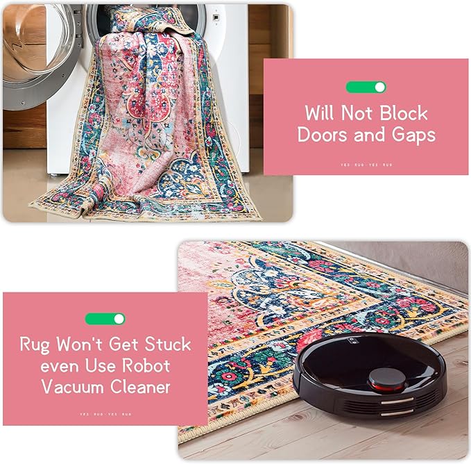 Small Area Rug 2x3 Pink Boho Bathroom Rug for Entryway Kitchen Blush Thin Foldable Vintage Throw Rug Low Pile Non Slip Washable Indoor Carpet
